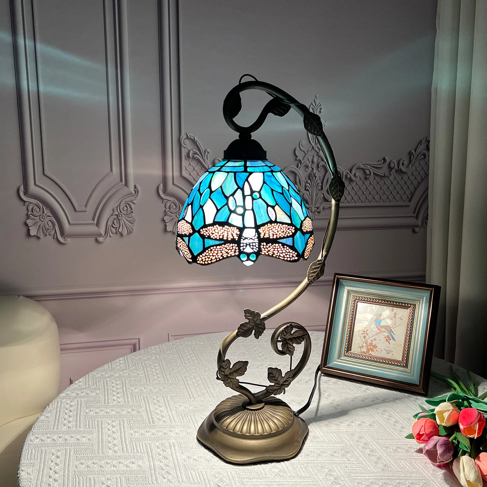 Tiffany Table Lamp, Tiffany Table Lights Antique Stained Glass Bedside Table Lamp for Bedside/Desk Reading/Living Room/Home Office/Bedroom(Dragonfly)