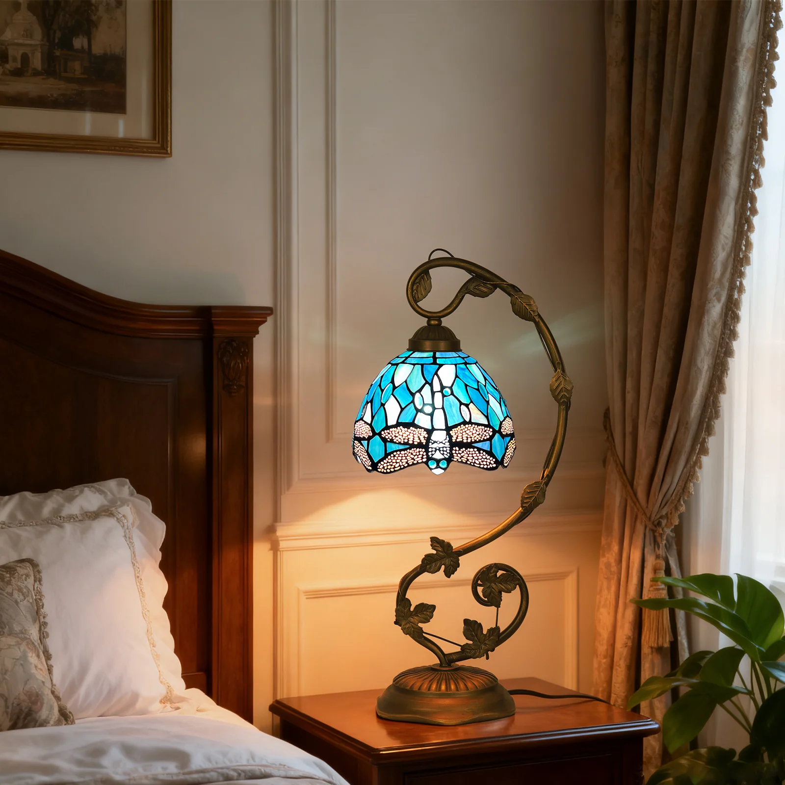 Tiffany Table Lamp, Tiffany Table Lights Antique Stained Glass Bedside Table Lamp for Bedside/Desk Reading/Living Room/Home Office/Bedroom(Dragonfly) - Image 2