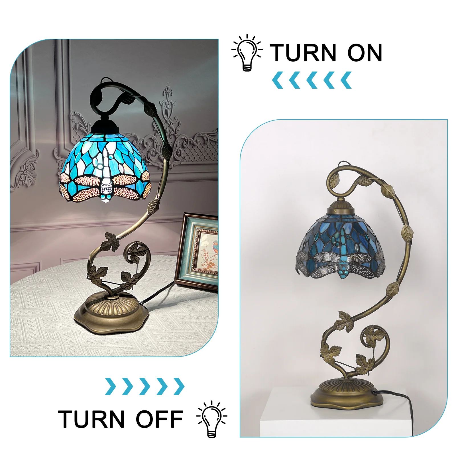 Tiffany Table Lamp, Tiffany Table Lights Antique Stained Glass Bedside Table Lamp for Bedside/Desk Reading/Living Room/Home Office/Bedroom(Dragonfly) - Image 6