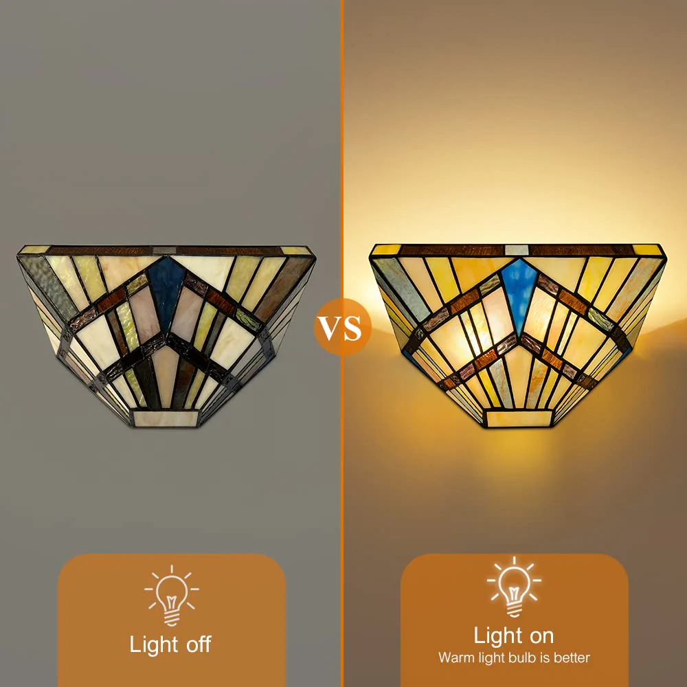 Capulina Tiffany Lamp Stained Glass Wall Sconces 2-Light 12 Inches Wide Cream Amber Vintage Tiffany Style Wall Lights Decor for Hallway Stairway Bedroom Bathroom Cinema - Image 5