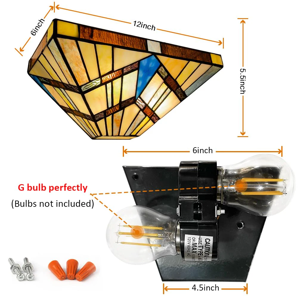 Capulina Tiffany Lamp Stained Glass Wall Sconces 2-Light 12 Inches Wide Cream Amber Vintage Tiffany Style Wall Lights Decor for Hallway Stairway Bedroom Bathroom Cinema - Image 6