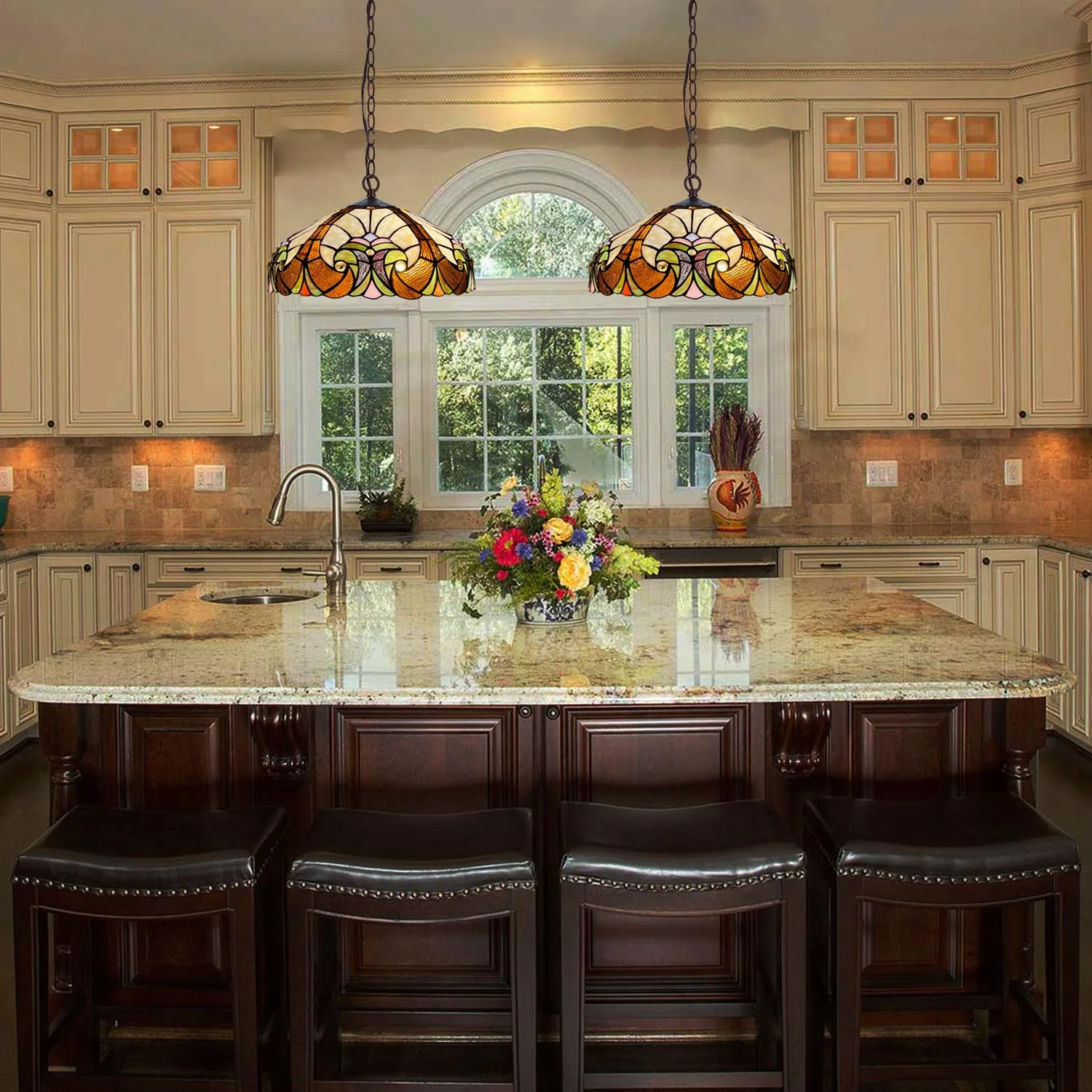 COTOSS Tiffany Pendant Light fixtures 16 Wide Stained Glass Pendant Lighting Vintage Style 2 Lights Hanging Lamp for Kitchen Dining Room Bedroom - Image 4